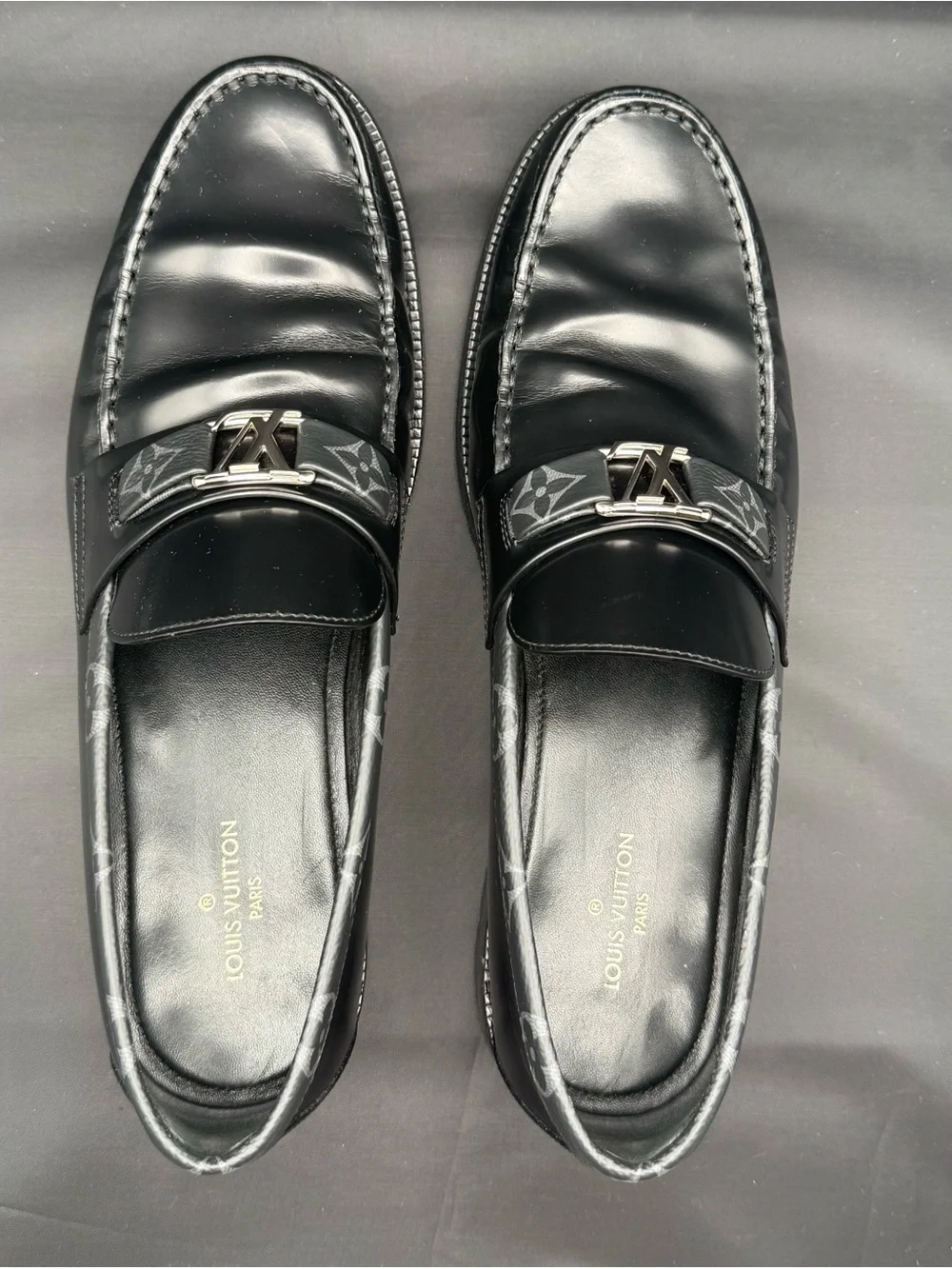 Louis Vuitton Major Loafers Black Glazed Calf Leather Monogram Size US 10.5